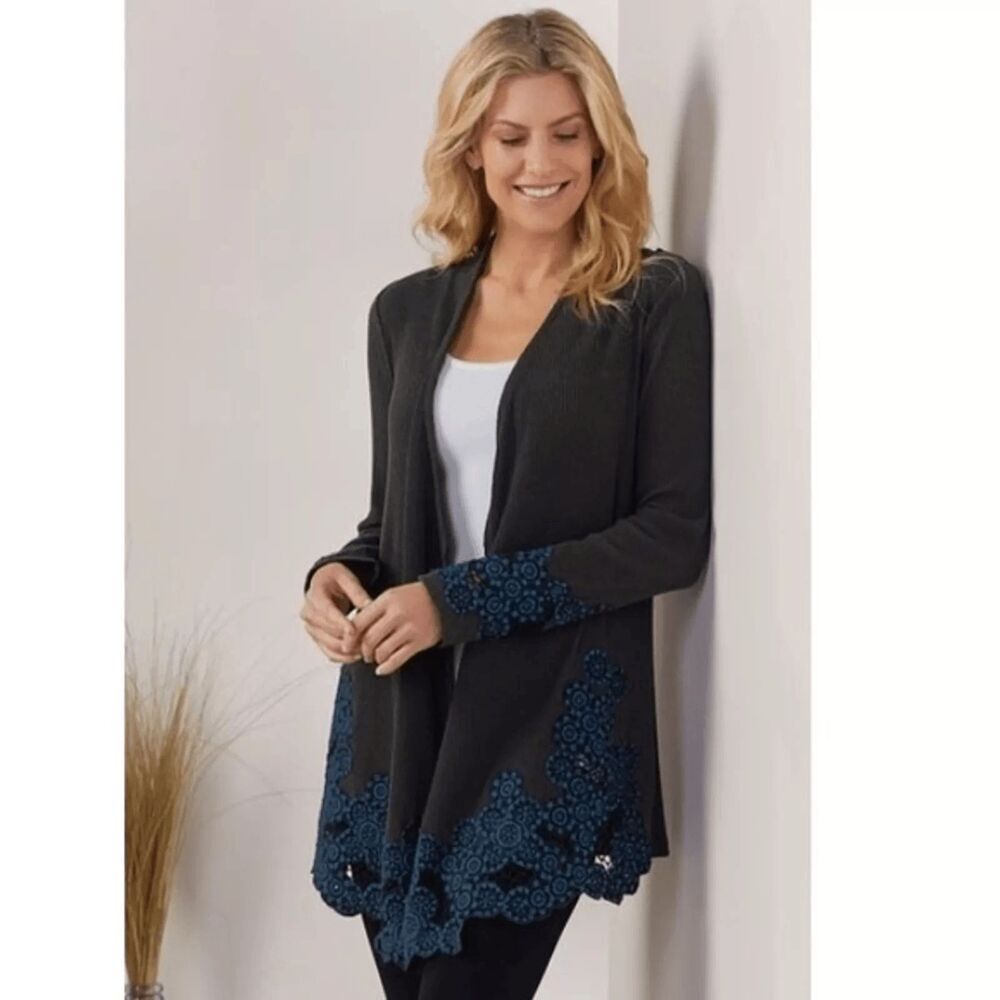 Soft Surroundings Lucy Topper Twilight Embroidered Blue Ribbed Cardigan M NEW